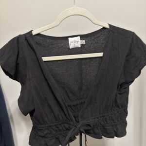 Princess Polly Black Crop Top with Tie Front and Ruffled Sleeves